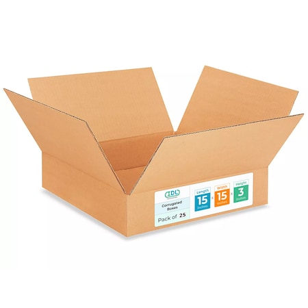 Idl Packaging 15 in x 15 in x 3 in Shipping Box, Kraft, Corrugate, Single Wall, 200#, 25 PK B-15153-25